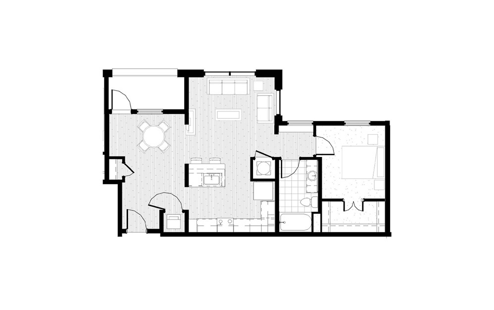 A22 - 1 bedroom floorplan layout with 1 bath and 870 square feet.